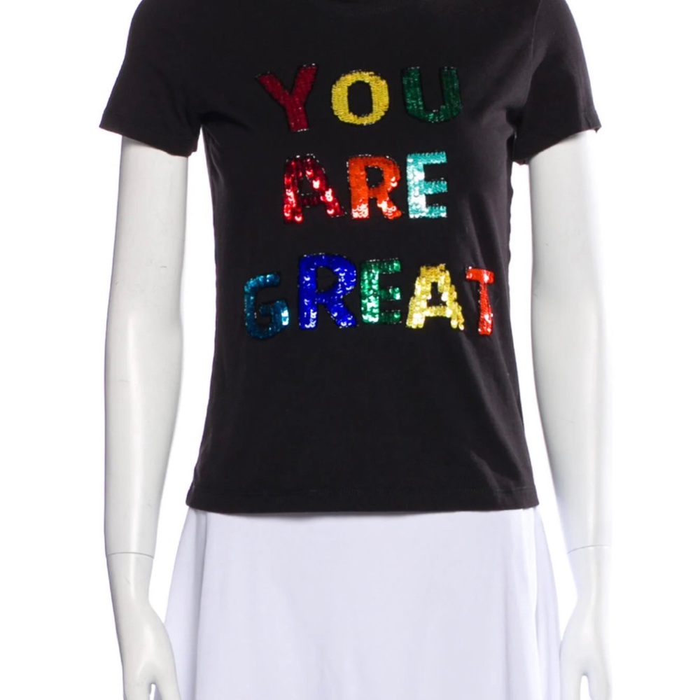 Alice + Olivia YOU ARE GREAT Rainbow Sequined Graphic Print Crew Neck T-Shirt-XS
